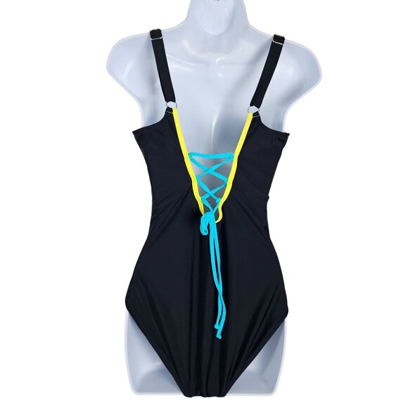 Womens Med Size V-Neck One-Piece Swimsuit Black Tie Back Beach Vacation Sexy - Picture 3 of 8